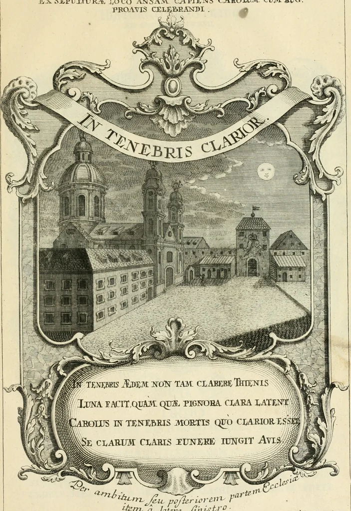 An illustration from Historica notitia rerum Boicarum : symbolis ac figuris aeneis illustrata : in funere Caroli VII. Romanorum Imperatoris semp. aug. virtutum triumpho, solemnium quondam occasione exequiarum, accommodata : cui accedit in fine oratio funebris in laudem optimi ejusdem Caesaris, anno 1745 habita, 1746, leaf 98