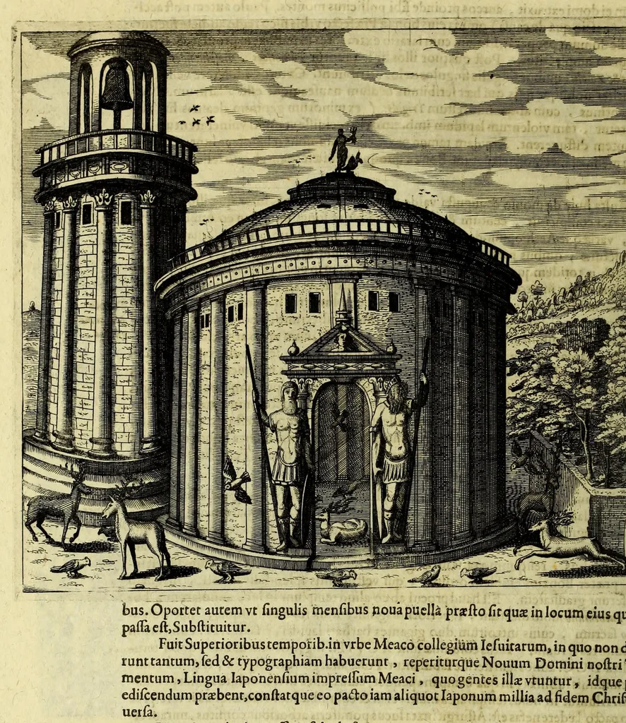 An illustration from Historiarum Orientalis Indiae tomus XII in tres libros siue tractatus distributus. : Quorum primus continet descriptiones chorographicas & topographicas regnorum, provinciarum, insularum, vrbium, castellorum, emporiorum montium atque fluviorum, totius illius continentis, quae vulgo Orientalis Indiae nomine censetur: imprimis Chersonesi Aureae, Sinarum, Iaponum, Sinus Perfici & Gangetici, Oceani Eoi & littoris Africani: adiectis incolarum moribus & ritibus, ipsiusque soli ingenio & natura. Secundus habet narrationes exquisitas aliquot nauigationum & expeditionum marinarum, ab Anglis Batauisque potissimum, in omnes illas Orientis & Austri partes susceptarum, vt & praeliorum aliquot naualium vario euentu commissorum: quibus accessit periplus orbis terrae, à Iacobo Eremita, Nauarcho Batauo absolutus: quae historia incipit ab anno An. C. M. DC. XIII. terminaturque initiis anni M. DC. XXVI. Tertius tribuitur descriptioni quarundam septentrionalium regionum atque insularum, ante non satis cognitarum, nempe partis Scythiae, Moscoviae, quae magna pars est Sarmatiae Europae & Asiaticae, nec non Samogetiae, Islandae, Gronlandiae & aliarum, quarum plenior notitiae, expeditionibus Nauarchorum felici industria in eas orbis partes confectis, ad nos peruenit: à primis Aquilonarium nauigationum initiis ad nostra tempora. I. Ludouicus Gotofridus ex Anglico et Belgico sermone in Latinum transtulit, nouis accessionibus locupletauit, ordinem & concinnitatem addidit: non sine tabulis chorographicis & figuris aeneis, vnde lumen toti historiae, 1628, leaf 150