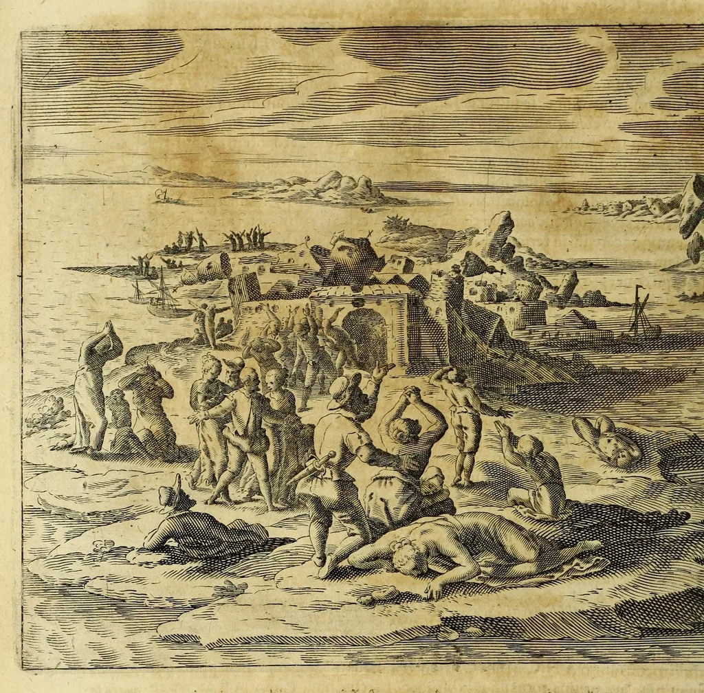 An illustration from Historiarum Orientalis Indiae tomus XII in tres libros siue tractatus distributus. : Quorum primus continet descriptiones chorographicas & topographicas regnorum, provinciarum, insularum, vrbium, castellorum, emporiorum montium atque fluviorum, totius illius continentis, quae vulgo Orientalis Indiae nomine censetur: imprimis Chersonesi Aureae, Sinarum, Iaponum, Sinus Perfici & Gangetici, Oceani Eoi & littoris Africani: adiectis incolarum moribus & ritibus, ipsiusque soli ingenio & natura. Secundus habet narrationes exquisitas aliquot nauigationum & expeditionum marinarum, ab Anglis Batauisque potissimum, in omnes illas Orientis & Austri partes susceptarum, vt & praeliorum aliquot naualium vario euentu commissorum: quibus accessit periplus orbis terrae, à Iacobo Eremita, Nauarcho Batauo absolutus: quae historia incipit ab anno An. C. M. DC. XIII. terminaturque initiis anni M. DC. XXVI. Tertius tribuitur descriptioni quarundam septentrionalium regionum atque insularum, ante non satis cognitarum, nempe partis Scythiae, Moscoviae, quae magna pars est Sarmatiae Europae & Asiaticae, nec non Samogetiae, Islandae, Gronlandiae & aliarum, quarum plenior notitiae, expeditionibus Nauarchorum felici industria in eas orbis partes confectis, ad nos peruenit: à primis Aquilonarium nauigationum initiis ad nostra tempora. I. Ludouicus Gotofridus ex Anglico et Belgico sermone in Latinum transtulit, nouis accessionibus locupletauit, ordinem & concinnitatem addidit: non sine tabulis chorographicis & figuris aeneis, vnde lumen toti historiae, 1628, leaf 144