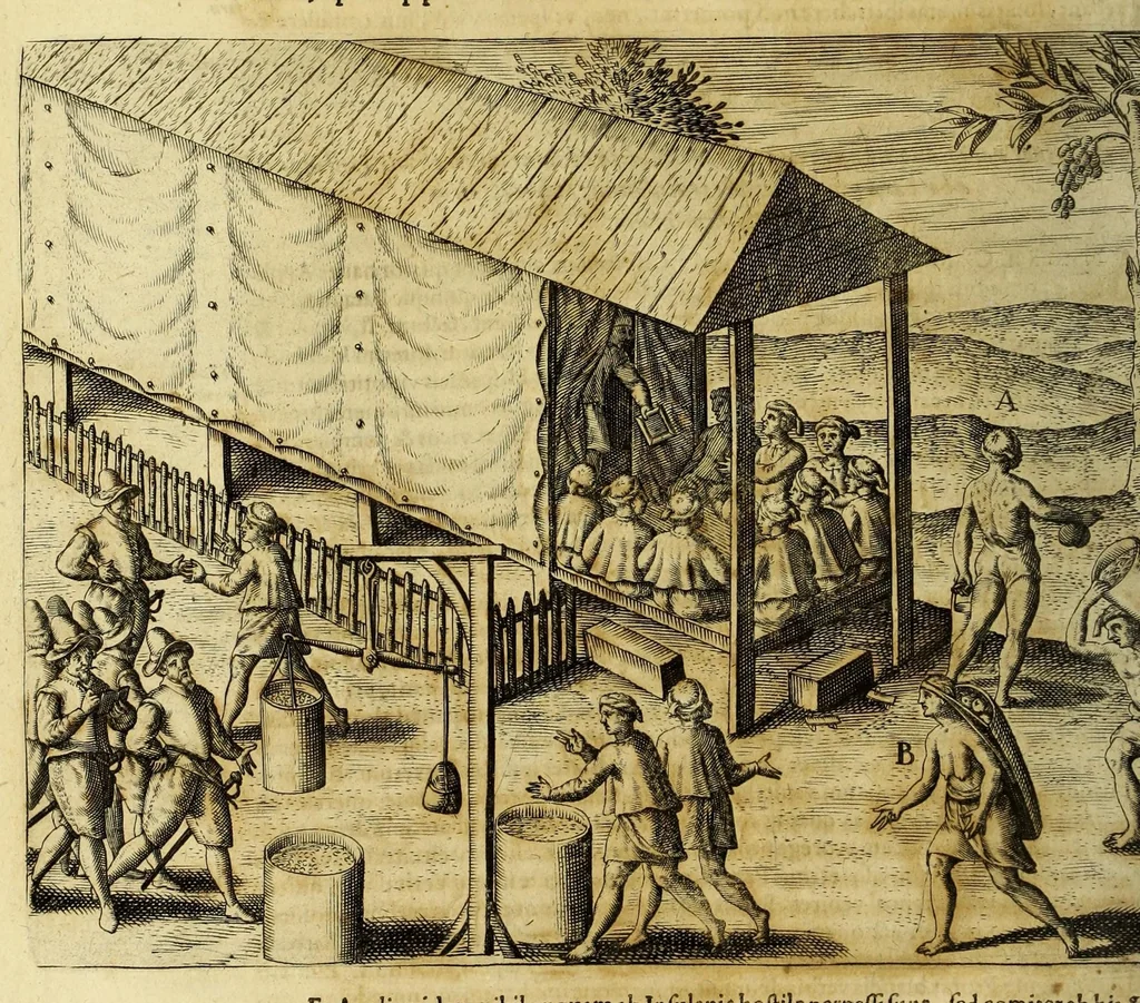 An illustration from Historiarum Orientalis Indiae tomus XII in tres libros siue tractatus distributus. : Quorum primus continet descriptiones chorographicas & topographicas regnorum, provinciarum, insularum, vrbium, castellorum, emporiorum montium atque fluviorum, totius illius continentis, quae vulgo Orientalis Indiae nomine censetur: imprimis Chersonesi Aureae, Sinarum, Iaponum, Sinus Perfici & Gangetici, Oceani Eoi & littoris Africani: adiectis incolarum moribus & ritibus, ipsiusque soli ingenio & natura. Secundus habet narrationes exquisitas aliquot nauigationum & expeditionum marinarum, ab Anglis Batauisque potissimum, in omnes illas Orientis & Austri partes susceptarum, vt & praeliorum aliquot naualium vario euentu commissorum: quibus accessit periplus orbis terrae, à Iacobo Eremita, Nauarcho Batauo absolutus: quae historia incipit ab anno An. C. M. DC. XIII. terminaturque initiis anni M. DC. XXVI. Tertius tribuitur descriptioni quarundam septentrionalium regionum atque insularum, ante non satis cognitarum, nempe partis Scythiae, Moscoviae, quae magna pars est Sarmatiae Europae & Asiaticae, nec non Samogetiae, Islandae, Gronlandiae & aliarum, quarum plenior notitiae, expeditionibus Nauarchorum felici industria in eas orbis partes confectis, ad nos peruenit: à primis Aquilonarium nauigationum initiis ad nostra tempora. I. Ludouicus Gotofridus ex Anglico et Belgico sermone in Latinum transtulit, nouis accessionibus locupletauit, ordinem & concinnitatem addidit: non sine tabulis chorographicis & figuris aeneis, vnde lumen toti historiae, 1628, leaf 162