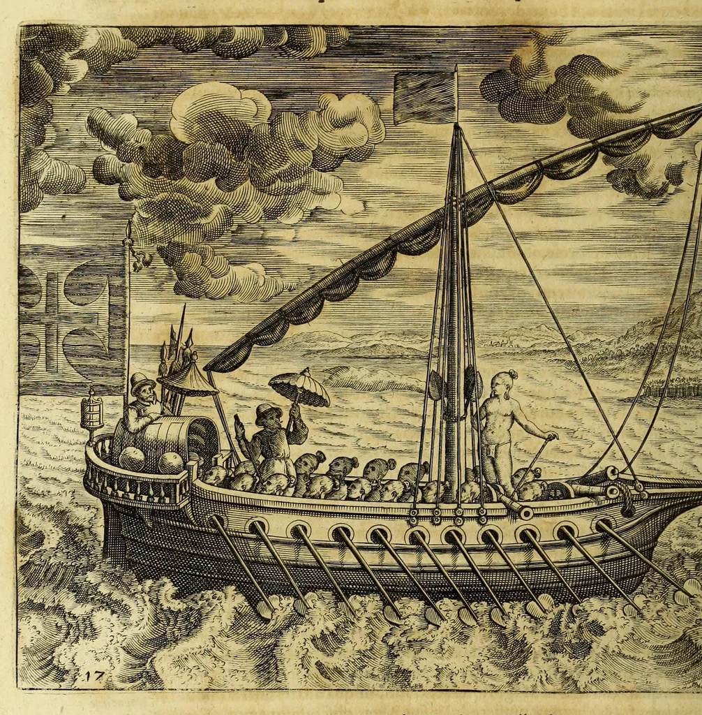 An illustration from Historiarum Orientalis Indiae tomus XII in tres libros siue tractatus distributus. : Quorum primus continet descriptiones chorographicas & topographicas regnorum, provinciarum, insularum, vrbium, castellorum, emporiorum montium atque fluviorum, totius illius continentis, quae vulgo Orientalis Indiae nomine censetur: imprimis Chersonesi Aureae, Sinarum, Iaponum, Sinus Perfici & Gangetici, Oceani Eoi & littoris Africani: adiectis incolarum moribus & ritibus, ipsiusque soli ingenio & natura. Secundus habet narrationes exquisitas aliquot nauigationum & expeditionum marinarum, ab Anglis Batauisque potissimum, in omnes illas Orientis & Austri partes susceptarum, vt & praeliorum aliquot naualium vario euentu commissorum: quibus accessit periplus orbis terrae, à Iacobo Eremita, Nauarcho Batauo absolutus: quae historia incipit ab anno An. C. M. DC. XIII. terminaturque initiis anni M. DC. XXVI. Tertius tribuitur descriptioni quarundam septentrionalium regionum atque insularum, ante non satis cognitarum, nempe partis Scythiae, Moscoviae, quae magna pars est Sarmatiae Europae & Asiaticae, nec non Samogetiae, Islandae, Gronlandiae & aliarum, quarum plenior notitiae, expeditionibus Nauarchorum felici industria in eas orbis partes confectis, ad nos peruenit: à primis Aquilonarium nauigationum initiis ad nostra tempora. I. Ludouicus Gotofridus ex Anglico et Belgico sermone in Latinum transtulit, nouis accessionibus locupletauit, ordinem & concinnitatem addidit: non sine tabulis chorographicis & figuris aeneis, vnde lumen toti historiae, 1628, leaf 170