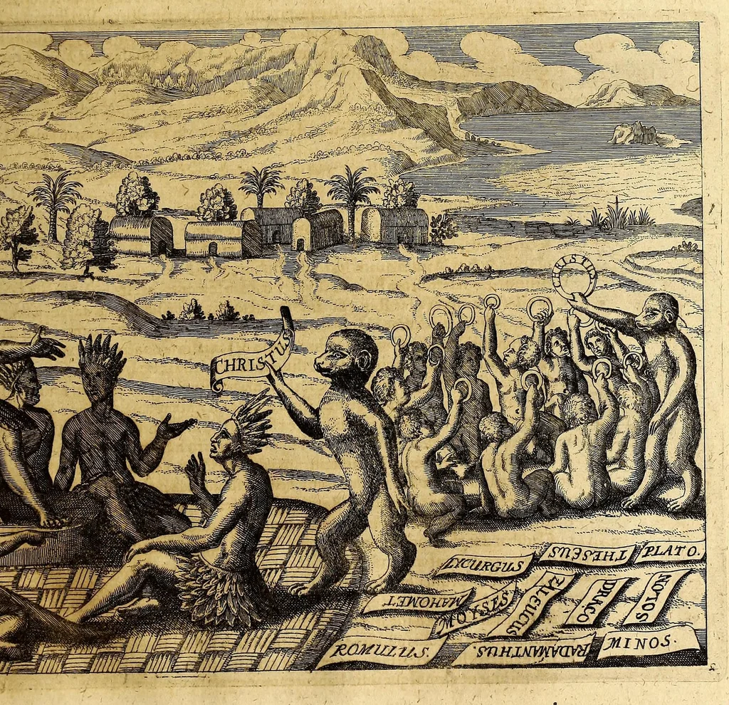 An illustration from Historiarum Orientalis Indiae tomus XII in tres libros siue tractatus distributus. : Quorum primus continet descriptiones chorographicas & topographicas regnorum, provinciarum, insularum, vrbium, castellorum, emporiorum montium atque fluviorum, totius illius continentis, quae vulgo Orientalis Indiae nomine censetur: imprimis Chersonesi Aureae, Sinarum, Iaponum, Sinus Perfici & Gangetici, Oceani Eoi & littoris Africani: adiectis incolarum moribus & ritibus, ipsiusque soli ingenio & natura. Secundus habet narrationes exquisitas aliquot nauigationum & expeditionum marinarum, ab Anglis Batauisque potissimum, in omnes illas Orientis & Austri partes susceptarum, vt & praeliorum aliquot naualium vario euentu commissorum: quibus accessit periplus orbis terrae, à Iacobo Eremita, Nauarcho Batauo absolutus: quae historia incipit ab anno An. C. M. DC. XIII. terminaturque initiis anni M. DC. XXVI. Tertius tribuitur descriptioni quarundam septentrionalium regionum atque insularum, ante non satis cognitarum, nempe partis Scythiae, Moscoviae, quae magna pars est Sarmatiae Europae & Asiaticae, nec non Samogetiae, Islandae, Gronlandiae & aliarum, quarum plenior notitiae, expeditionibus Nauarchorum felici industria in eas orbis partes confectis, ad nos peruenit: à primis Aquilonarium nauigationum initiis ad nostra tempora. I. Ludouicus Gotofridus ex Anglico et Belgico sermone in Latinum transtulit, nouis accessionibus locupletauit, ordinem & concinnitatem addidit: non sine tabulis chorographicis & figuris aeneis, vnde lumen toti historiae, 1628, leaf 41