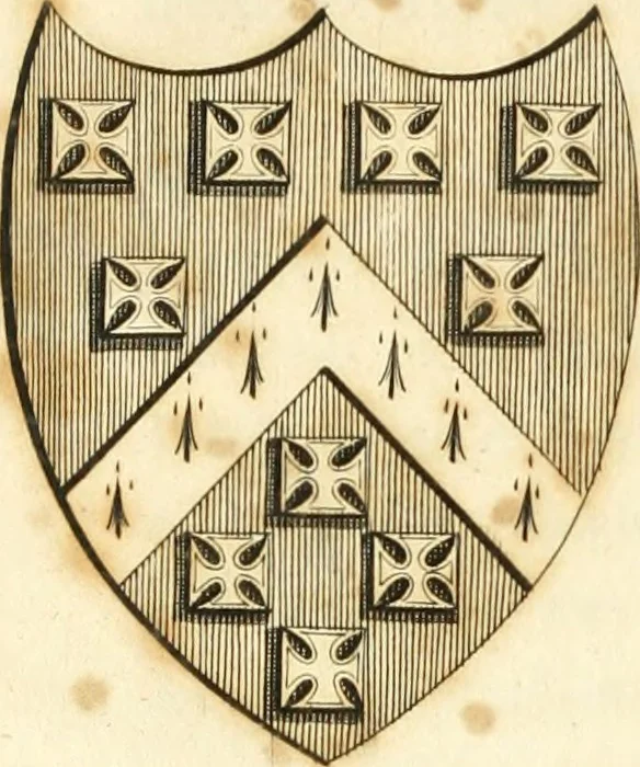 An illustration from Historical anecdotes of heraldry and chivalry : tending to shew the origin of many English and foreign coats of arms, circumstances and customs, 1795, leaf 185