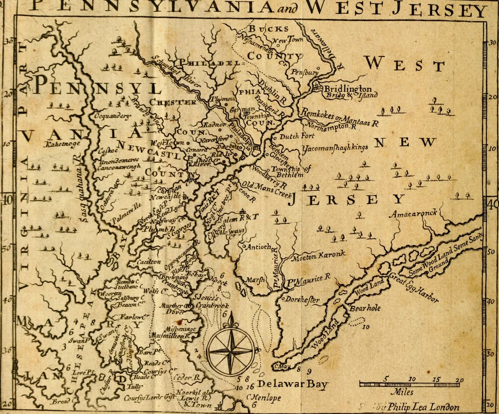 An illustration from An historical and geographical account of the province and country of Pensilvania; and of West-New-Jersey in America. The richness of the soil, the sweetness of the situation, the wholesomeness of the air, the navigable rivers, and others, the prodigious encrease of corn, the flourishing condition of the city of Philadelphia, with the stately buildings, and other improvements there. The strange creatures, as birds, beasts, fishes,and fowls, with the several sorts of minerals, purging waters, and stones, lately discovered. The natives, aborogmes [!] their language, religion, laws, and customs; the first planters, the Dutch, Sweeds, and English, with the number of its inhabitants; as also a touch upon George Keith's new religion, in his second change since he left the Quakers. With a map of both countries, 1698, leaf 11