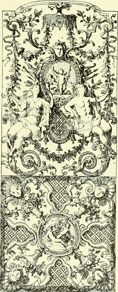 An illustration from An historical guide to French interiors, furniture, decoration, woodwork & allied arts during the last half of the seventeenth century, the whole of the eighteenth century, and the earlier part of the nineteenth, 1903, leaf 122