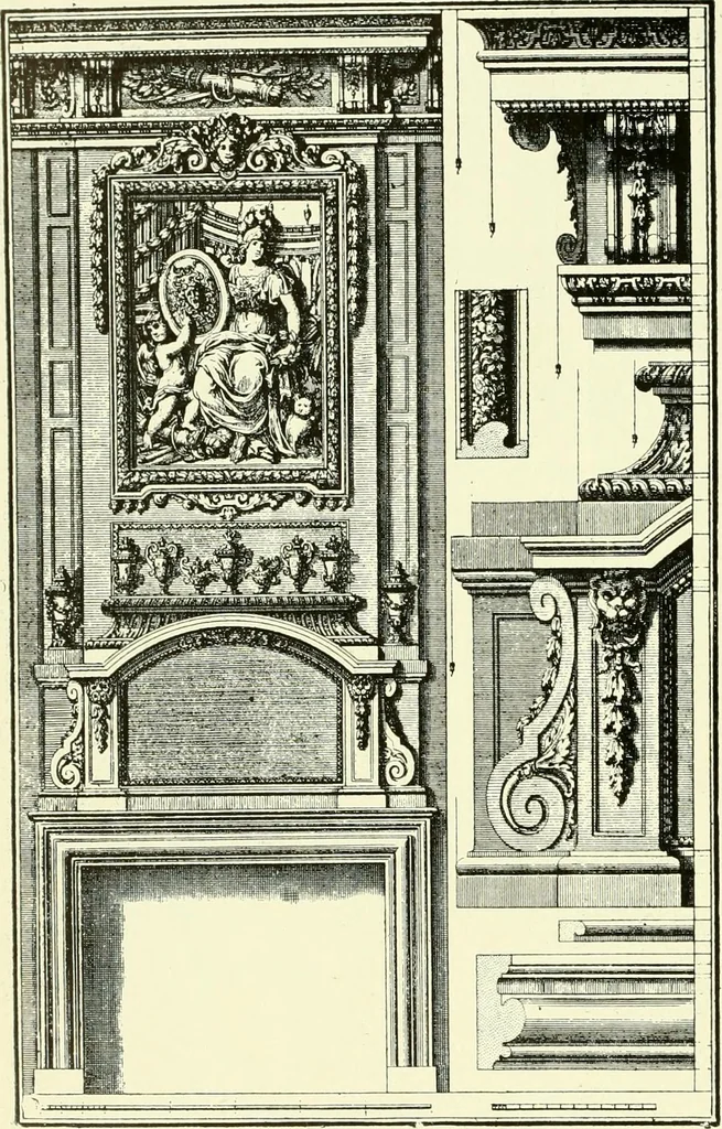 An illustration from An historical guide to French interiors, furniture, decoration, woodwork & allied arts during the last half of the seventeenth century, the whole of the eighteenth century, and the earlier part of the nineteenth, 1903, leaf 181