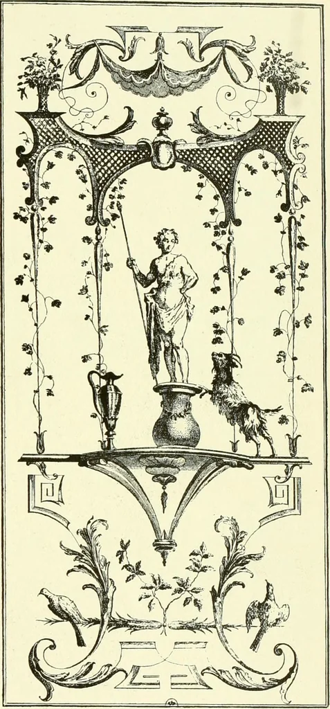 An illustration from An historical guide to French interiors, furniture, decoration, woodwork & allied arts during the last half of the seventeenth century, the whole of the eighteenth century, and the earlier part of the nineteenth, 1903, leaf 204