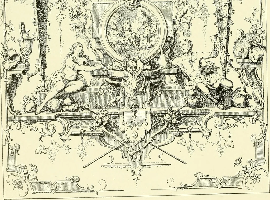 An illustration from An historical guide to French interiors, furniture, decoration, woodwork & allied arts during the last half of the seventeenth century, the whole of the eighteenth century, and the earlier part of the nineteenth, 1903, leaf 215