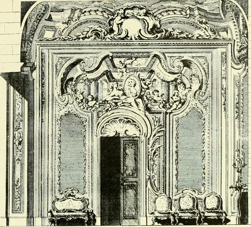 An illustration from An historical guide to French interiors, furniture, decoration, woodwork & allied arts during the last half of the seventeenth century, the whole of the eighteenth century, and the earlier part of the nineteenth, 1903, leaf 274