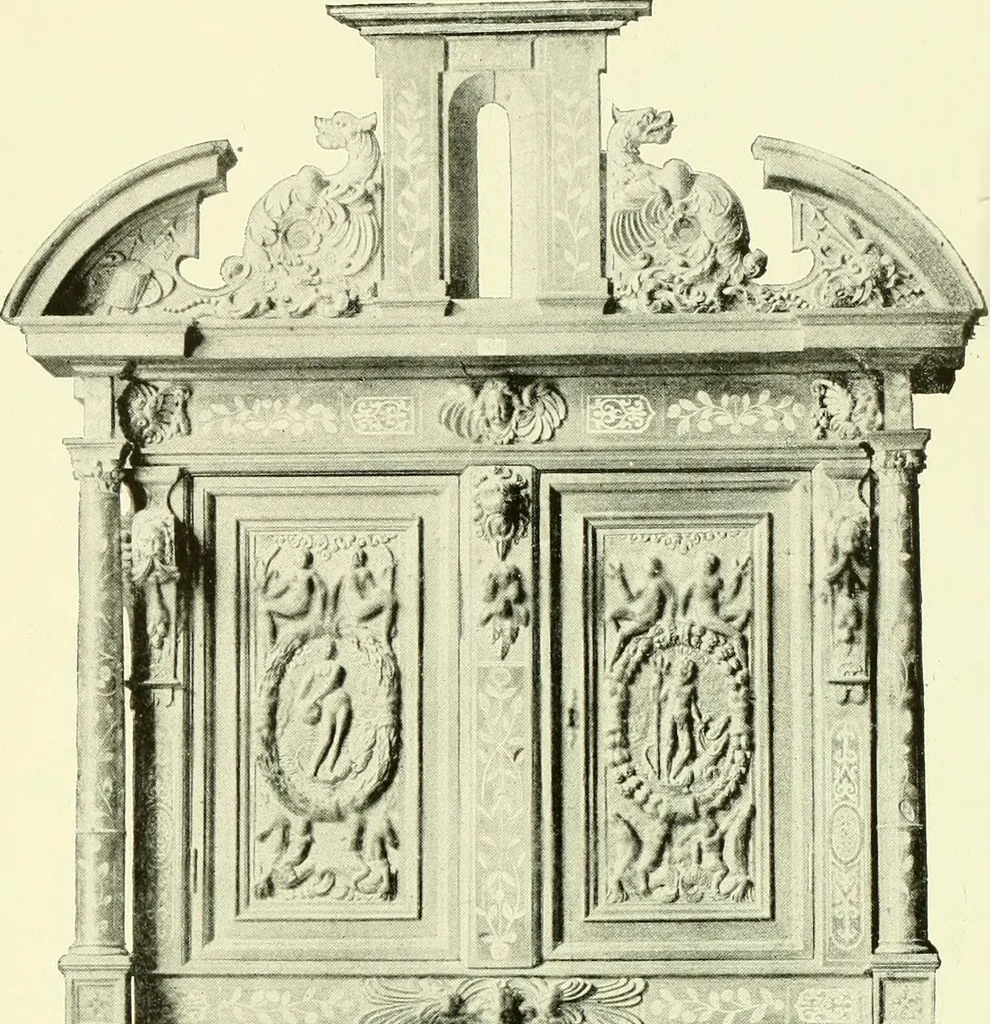 An illustration from An historical guide to French interiors, furniture, decoration, woodwork & allied arts during the last half of the seventeenth century, the whole of the eighteenth century, and the earlier part of the nineteenth, 1903, leaf 28