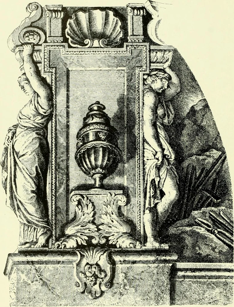 An illustration from An historical guide to French interiors, furniture, decoration, woodwork & allied arts during the last half of the seventeenth century, the whole of the eighteenth century, and the earlier part of the nineteenth, 1903, leaf 43