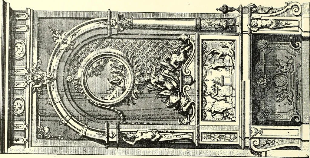 An illustration from An historical guide to French interiors, furniture, decoration, woodwork, & allied arts during the last half of the seventeenth century, the whole of the eighteenth century, and the earlier part of the nineteenth, 1900, leaf 100