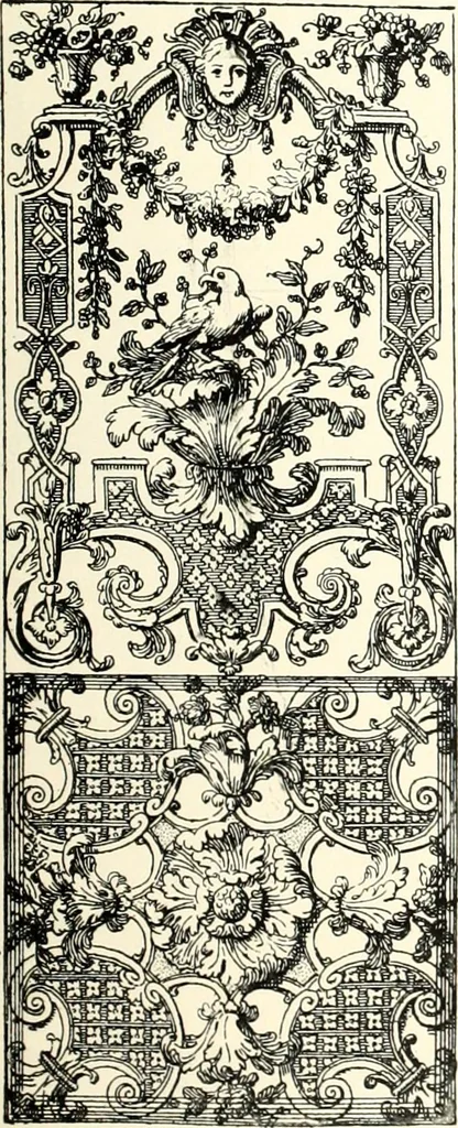 An illustration from An historical guide to French interiors, furniture, decoration, woodwork, & allied arts during the last half of the seventeenth century, the whole of the eighteenth century, and the earlier part of the nineteenth, 1900, leaf 103