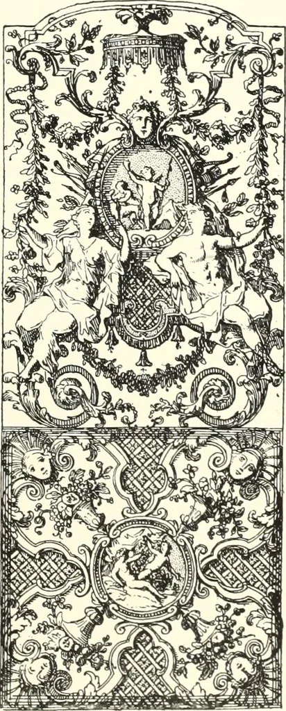 An illustration from An historical guide to French interiors, furniture, decoration, woodwork, & allied arts during the last half of the seventeenth century, the whole of the eighteenth century, and the earlier part of the nineteenth, 1900, leaf 103