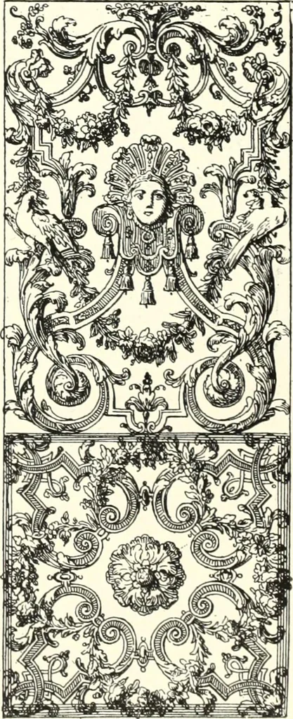 An illustration from An historical guide to French interiors, furniture, decoration, woodwork, & allied arts during the last half of the seventeenth century, the whole of the eighteenth century, and the earlier part of the nineteenth, 1900, leaf 103