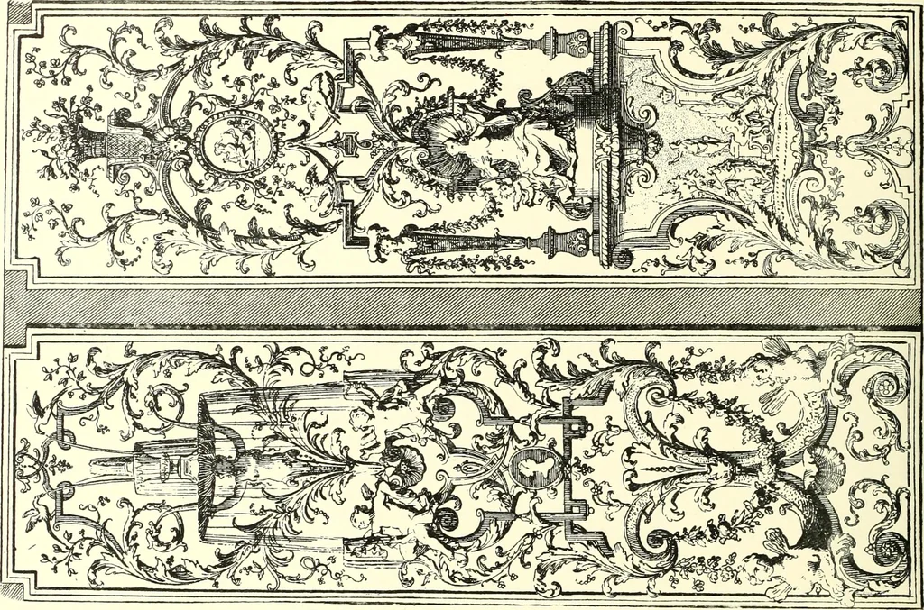 An illustration from An historical guide to French interiors, furniture, decoration, woodwork, & allied arts during the last half of the seventeenth century, the whole of the eighteenth century, and the earlier part of the nineteenth, 1900, leaf 108