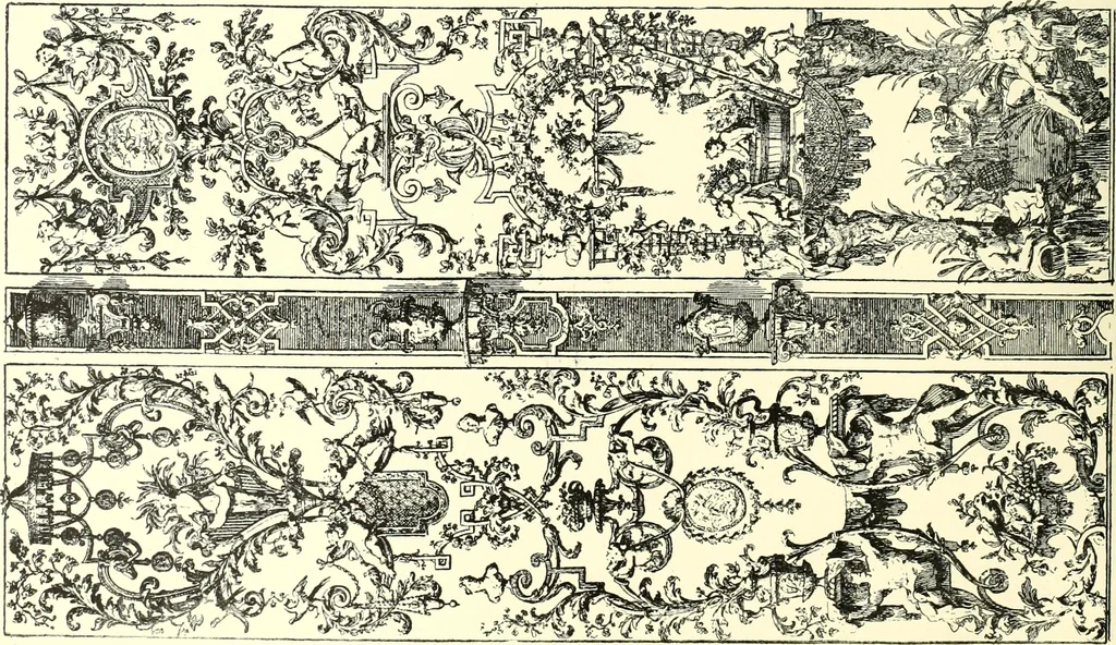 An illustration from An historical guide to French interiors, furniture, decoration, woodwork, & allied arts during the last half of the seventeenth century, the whole of the eighteenth century, and the earlier part of the nineteenth, 1900, leaf 108