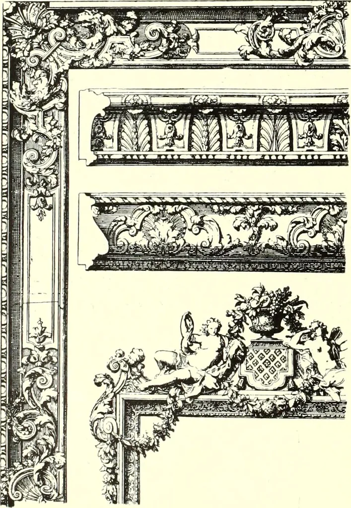 An illustration from An historical guide to French interiors, furniture, decoration, woodwork, & allied arts during the last half of the seventeenth century, the whole of the eighteenth century, and the earlier part of the nineteenth, 1900, leaf 116