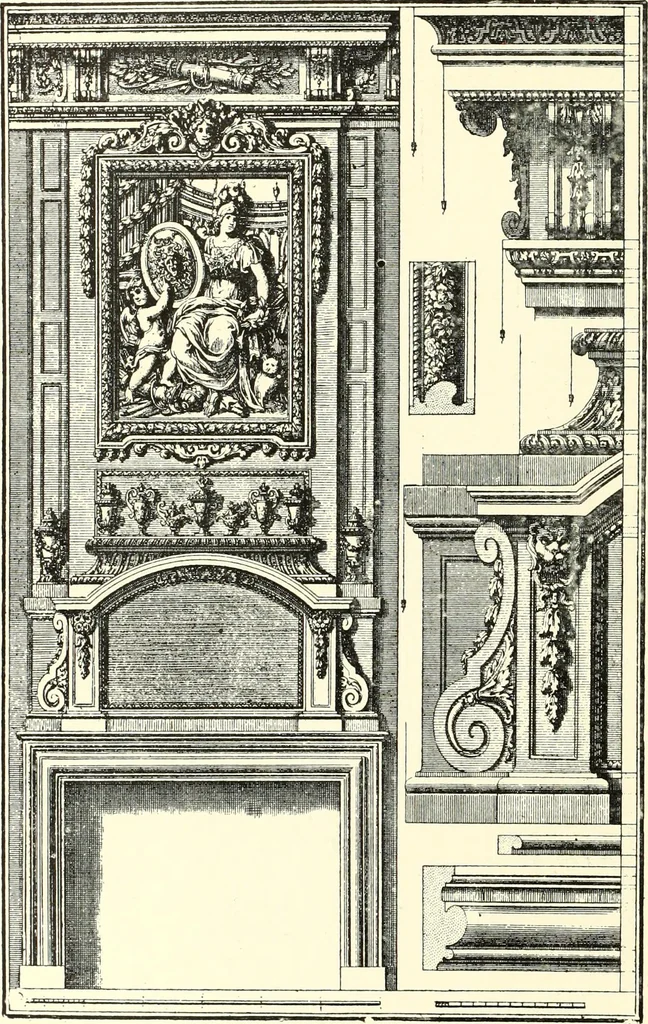 An illustration from An historical guide to French interiors, furniture, decoration, woodwork, & allied arts during the last half of the seventeenth century, the whole of the eighteenth century, and the earlier part of the nineteenth, 1900, leaf 138