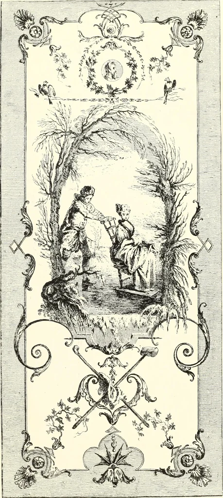 An illustration from An historical guide to French interiors, furniture, decoration, woodwork, & allied arts during the last half of the seventeenth century, the whole of the eighteenth century, and the earlier part of the nineteenth, 1900, leaf 153