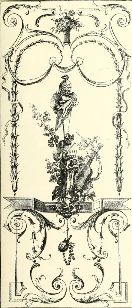 An illustration from An historical guide to French interiors, furniture, decoration, woodwork, & allied arts during the last half of the seventeenth century, the whole of the eighteenth century, and the earlier part of the nineteenth, 1900, leaf 155