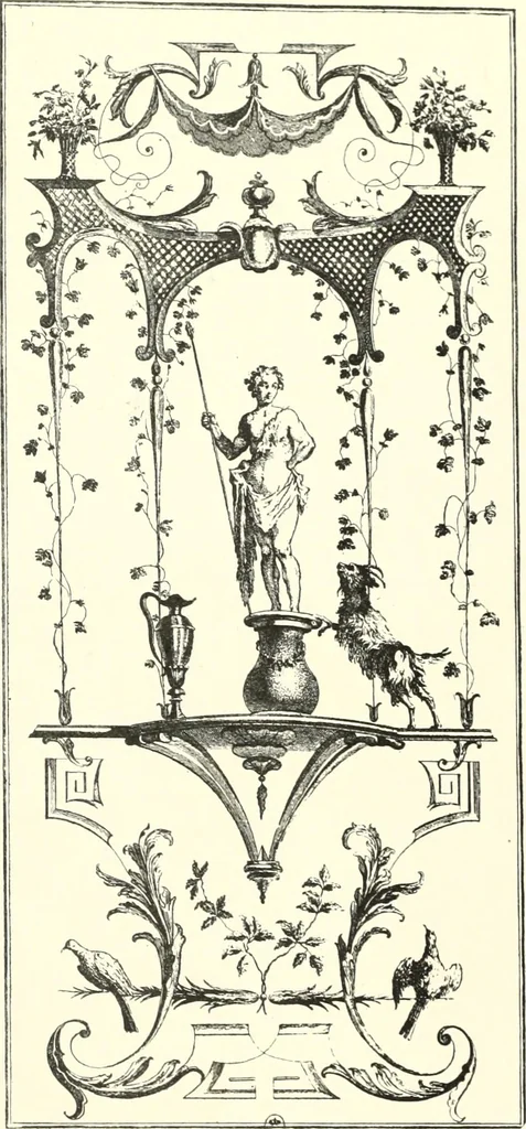 An illustration from An historical guide to French interiors, furniture, decoration, woodwork, & allied arts during the last half of the seventeenth century, the whole of the eighteenth century, and the earlier part of the nineteenth, 1900, leaf 155