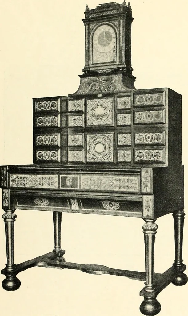 An illustration from An historical guide to French interiors, furniture, decoration, woodwork, & allied arts during the last half of the seventeenth century, the whole of the eighteenth century, and the earlier part of the nineteenth, 1900, leaf 17