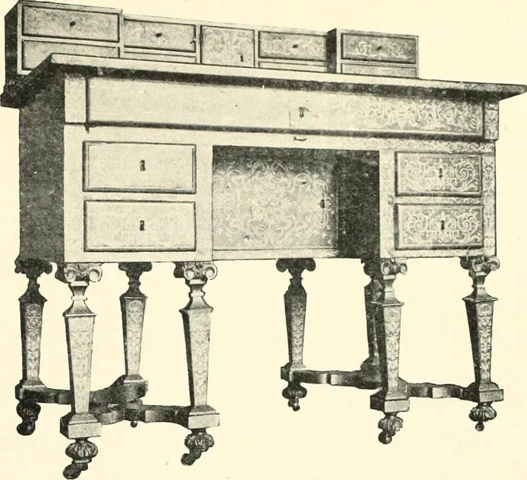An illustration from An historical guide to French interiors, furniture, decoration, woodwork, & allied arts during the last half of the seventeenth century, the whole of the eighteenth century, and the earlier part of the nineteenth, 1900, leaf 17