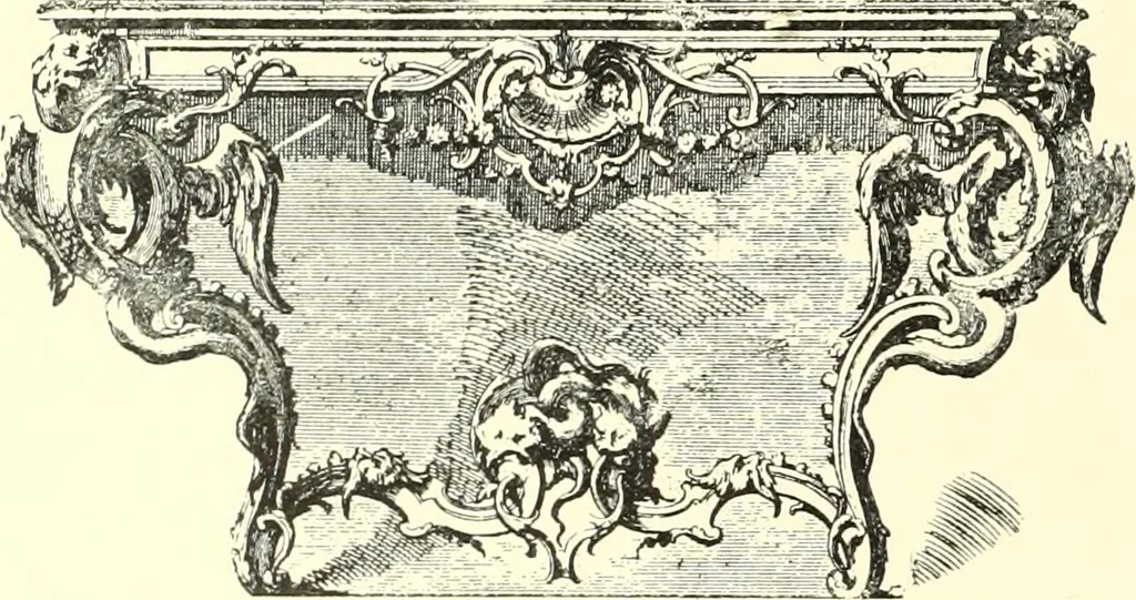 An illustration from An historical guide to French interiors, furniture, decoration, woodwork, & allied arts during the last half of the seventeenth century, the whole of the eighteenth century, and the earlier part of the nineteenth, 1900, leaf 188