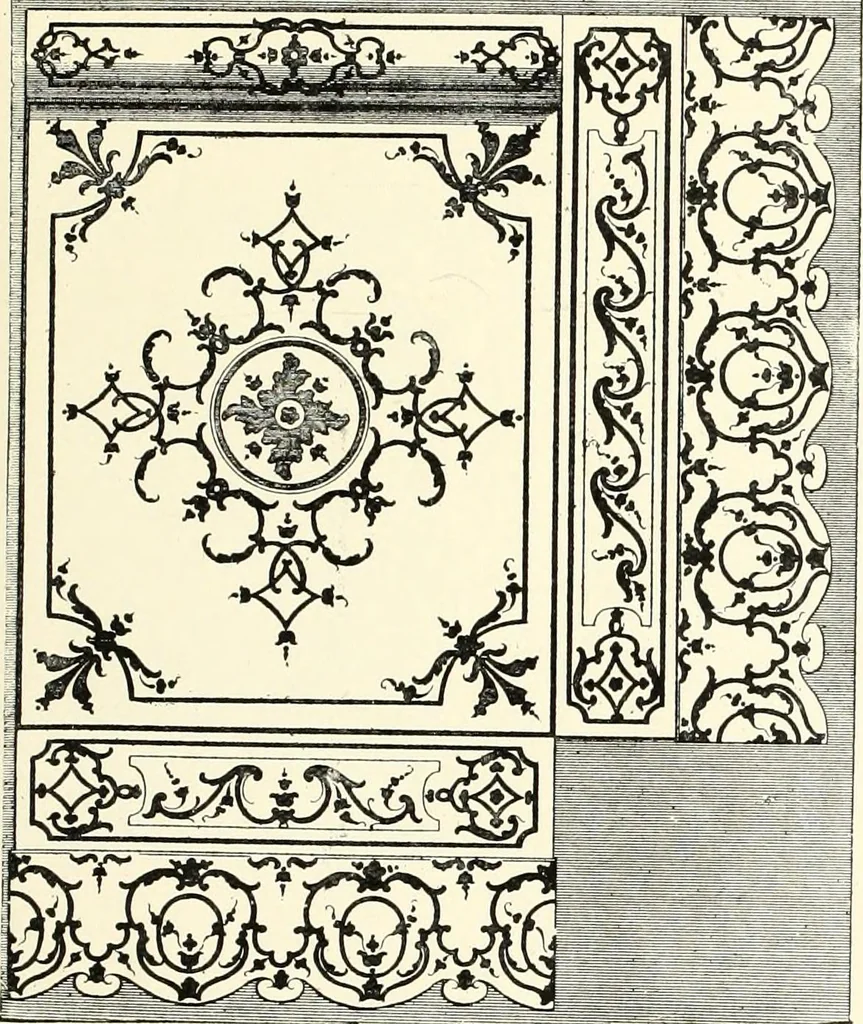 An illustration from An historical guide to French interiors, furniture, decoration, woodwork, & allied arts during the last half of the seventeenth century, the whole of the eighteenth century, and the earlier part of the nineteenth, 1900, leaf 189