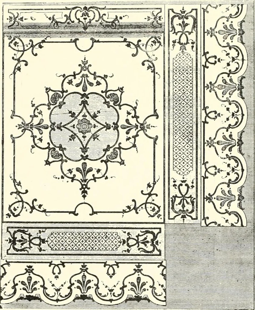 An illustration from An historical guide to French interiors, furniture, decoration, woodwork, & allied arts during the last half of the seventeenth century, the whole of the eighteenth century, and the earlier part of the nineteenth, 1900, leaf 189