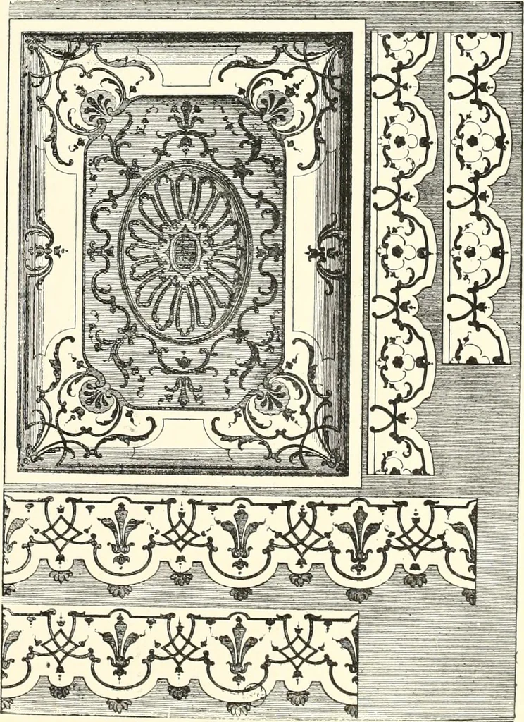 An illustration from An historical guide to French interiors, furniture, decoration, woodwork, & allied arts during the last half of the seventeenth century, the whole of the eighteenth century, and the earlier part of the nineteenth, 1900, leaf 189