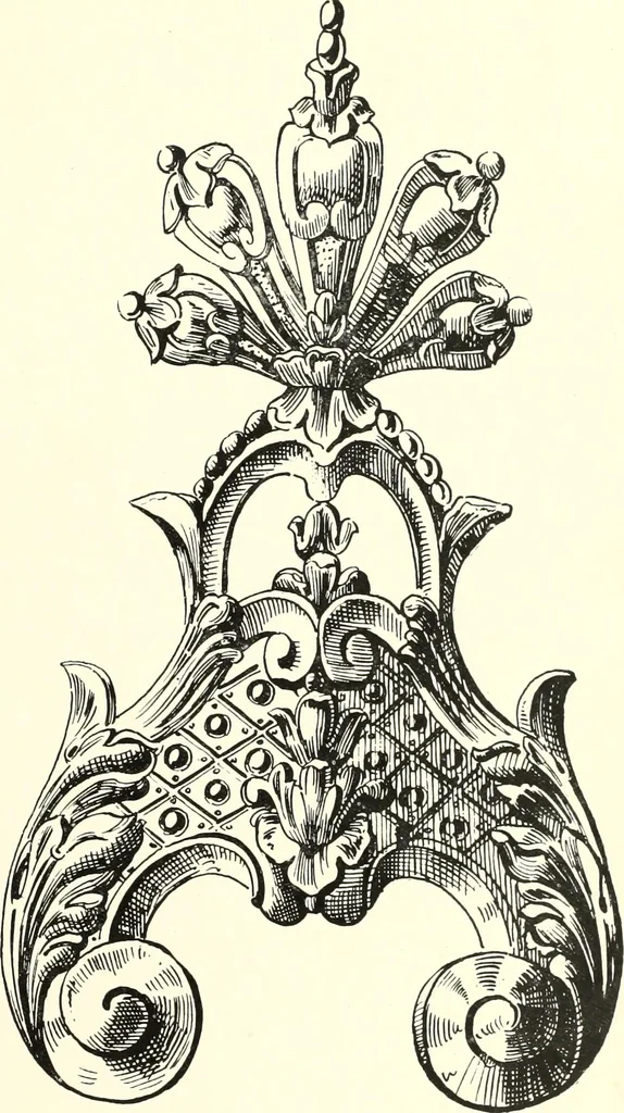 An illustration from An historical guide to French interiors, furniture, decoration, woodwork, & allied arts during the last half of the seventeenth century, the whole of the eighteenth century, and the earlier part of the nineteenth, 1900, leaf 195