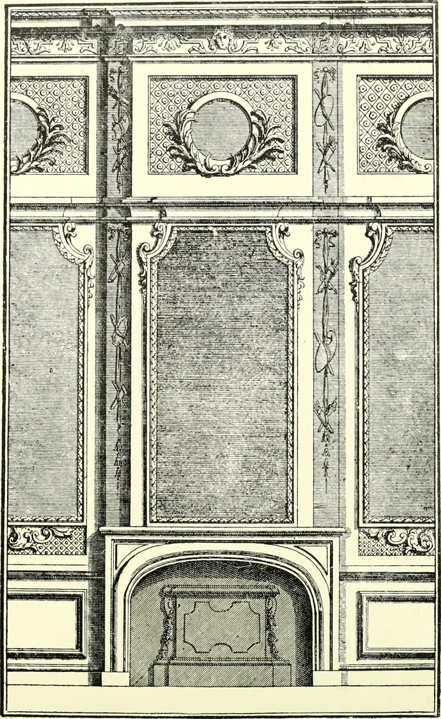 An illustration from An historical guide to French interiors, furniture, decoration, woodwork, & allied arts during the last half of the seventeenth century, the whole of the eighteenth century, and the earlier part of the nineteenth, 1900, leaf 200