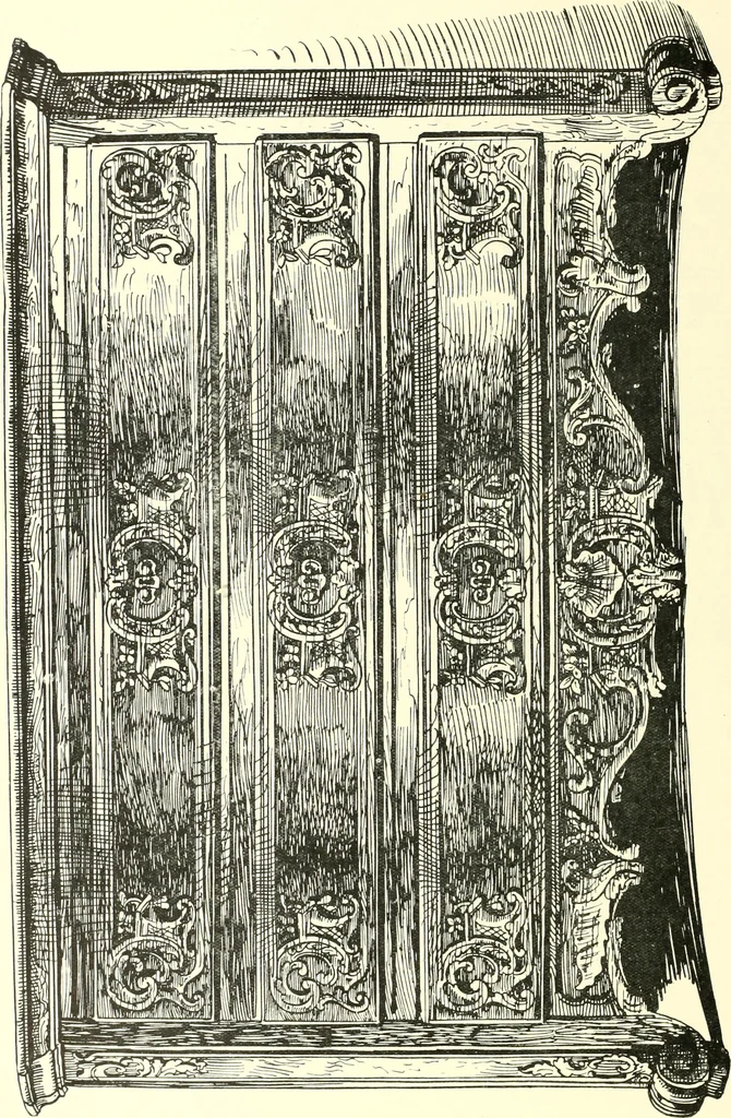 An illustration from An historical guide to French interiors, furniture, decoration, woodwork, & allied arts during the last half of the seventeenth century, the whole of the eighteenth century, and the earlier part of the nineteenth, 1900, leaf 202