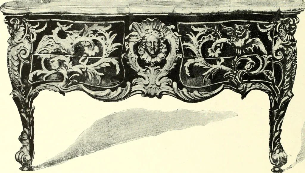 An illustration from An historical guide to French interiors, furniture, decoration, woodwork, & allied arts during the last half of the seventeenth century, the whole of the eighteenth century, and the earlier part of the nineteenth, 1900, leaf 204