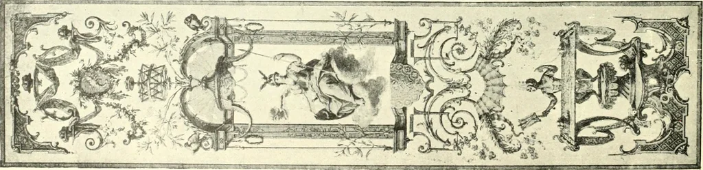 An illustration from An historical guide to French interiors, furniture, decoration, woodwork, & allied arts during the last half of the seventeenth century, the whole of the eighteenth century, and the earlier part of the nineteenth, 1900, leaf 204
