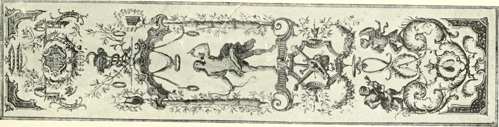 An illustration from An historical guide to French interiors, furniture, decoration, woodwork, & allied arts during the last half of the seventeenth century, the whole of the eighteenth century, and the earlier part of the nineteenth, 1900, leaf 205