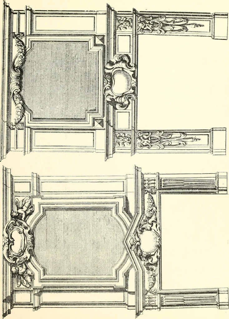 An illustration from An historical guide to French interiors, furniture, decoration, woodwork, & allied arts during the last half of the seventeenth century, the whole of the eighteenth century, and the earlier part of the nineteenth, 1900, leaf 21