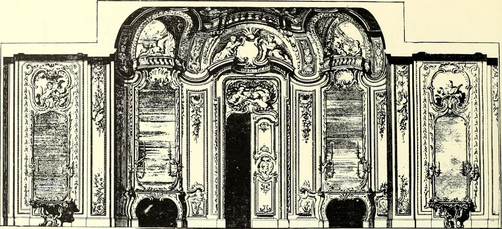An illustration from An historical guide to French interiors, furniture, decoration, woodwork, & allied arts during the last half of the seventeenth century, the whole of the eighteenth century, and the earlier part of the nineteenth, 1900, leaf 210