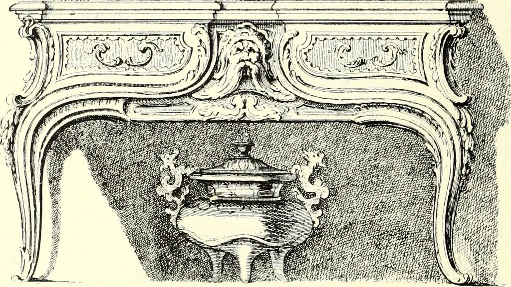 An illustration from An historical guide to French interiors, furniture, decoration, woodwork, & allied arts during the last half of the seventeenth century, the whole of the eighteenth century, and the earlier part of the nineteenth, 1900, leaf 210