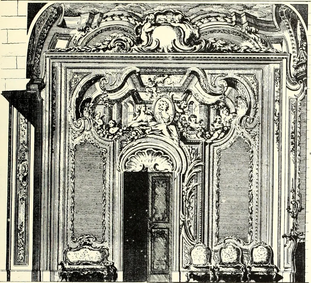 An illustration from An historical guide to French interiors, furniture, decoration, woodwork, & allied arts during the last half of the seventeenth century, the whole of the eighteenth century, and the earlier part of the nineteenth, 1900, leaf 211
