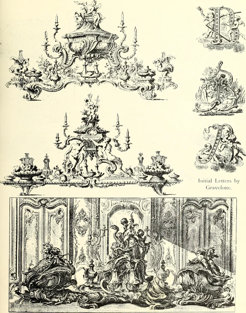 An illustration from An historical guide to French interiors, furniture, decoration, woodwork, & allied arts during the last half of the seventeenth century, the whole of the eighteenth century, and the earlier part of the nineteenth, 1900, leaf 213