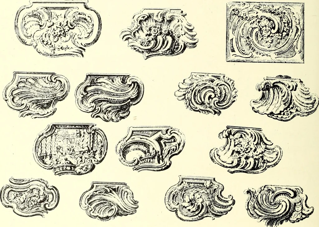 An illustration from An historical guide to French interiors, furniture, decoration, woodwork, & allied arts during the last half of the seventeenth century, the whole of the eighteenth century, and the earlier part of the nineteenth, 1900, leaf 214
