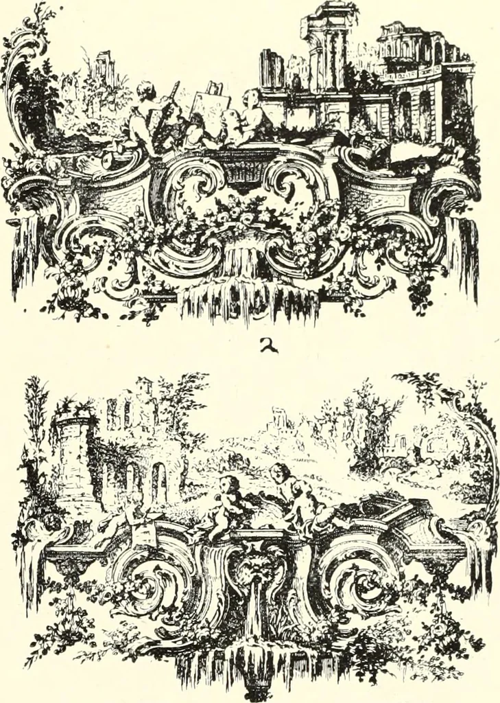 An illustration from An historical guide to French interiors, furniture, decoration, woodwork, & allied arts during the last half of the seventeenth century, the whole of the eighteenth century, and the earlier part of the nineteenth, 1900, leaf 215