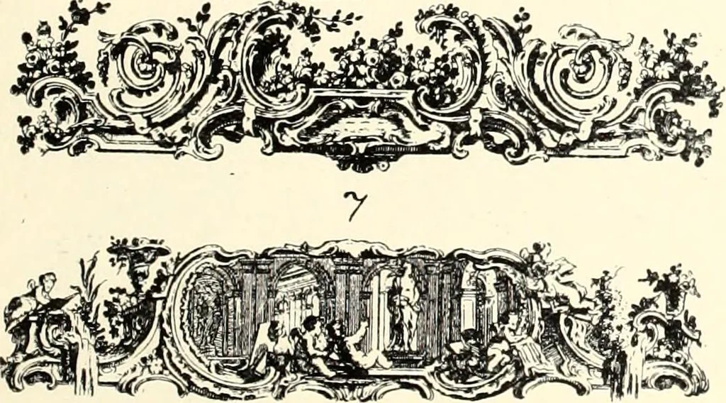 An illustration from An historical guide to French interiors, furniture, decoration, woodwork, & allied arts during the last half of the seventeenth century, the whole of the eighteenth century, and the earlier part of the nineteenth, 1900, leaf 215