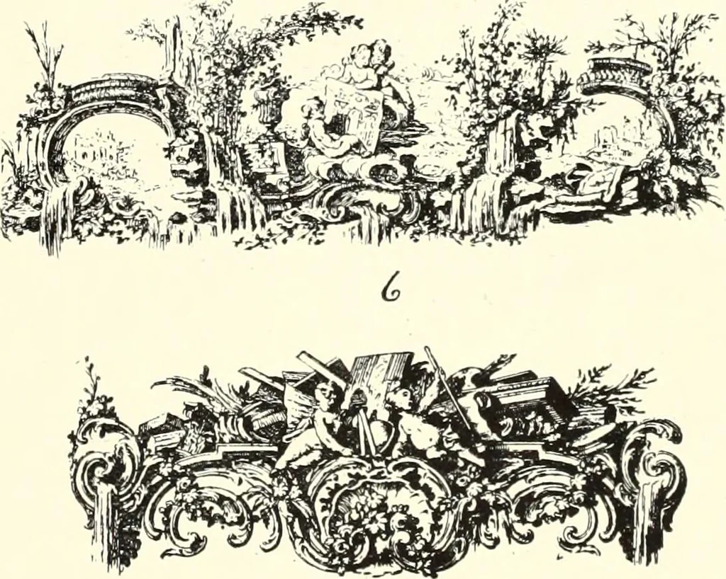 An illustration from An historical guide to French interiors, furniture, decoration, woodwork, & allied arts during the last half of the seventeenth century, the whole of the eighteenth century, and the earlier part of the nineteenth, 1900, leaf 215