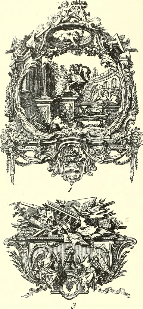 An illustration from An historical guide to French interiors, furniture, decoration, woodwork, & allied arts during the last half of the seventeenth century, the whole of the eighteenth century, and the earlier part of the nineteenth, 1900, leaf 216