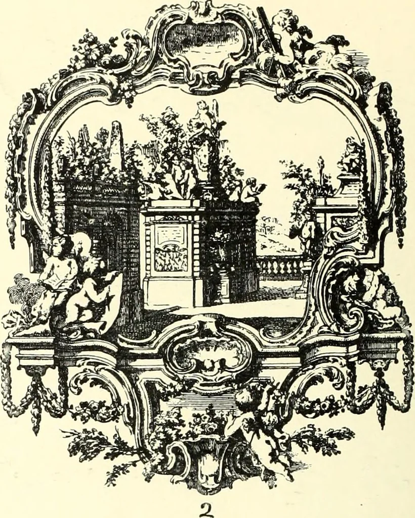 An illustration from An historical guide to French interiors, furniture, decoration, woodwork, & allied arts during the last half of the seventeenth century, the whole of the eighteenth century, and the earlier part of the nineteenth, 1900, leaf 216