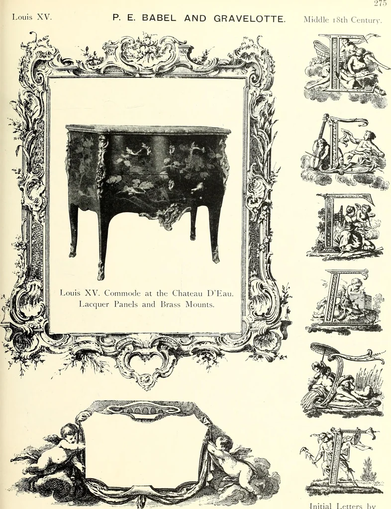 An illustration from An historical guide to French interiors, furniture, decoration, woodwork, & allied arts during the last half of the seventeenth century, the whole of the eighteenth century, and the earlier part of the nineteenth, 1900, leaf 217